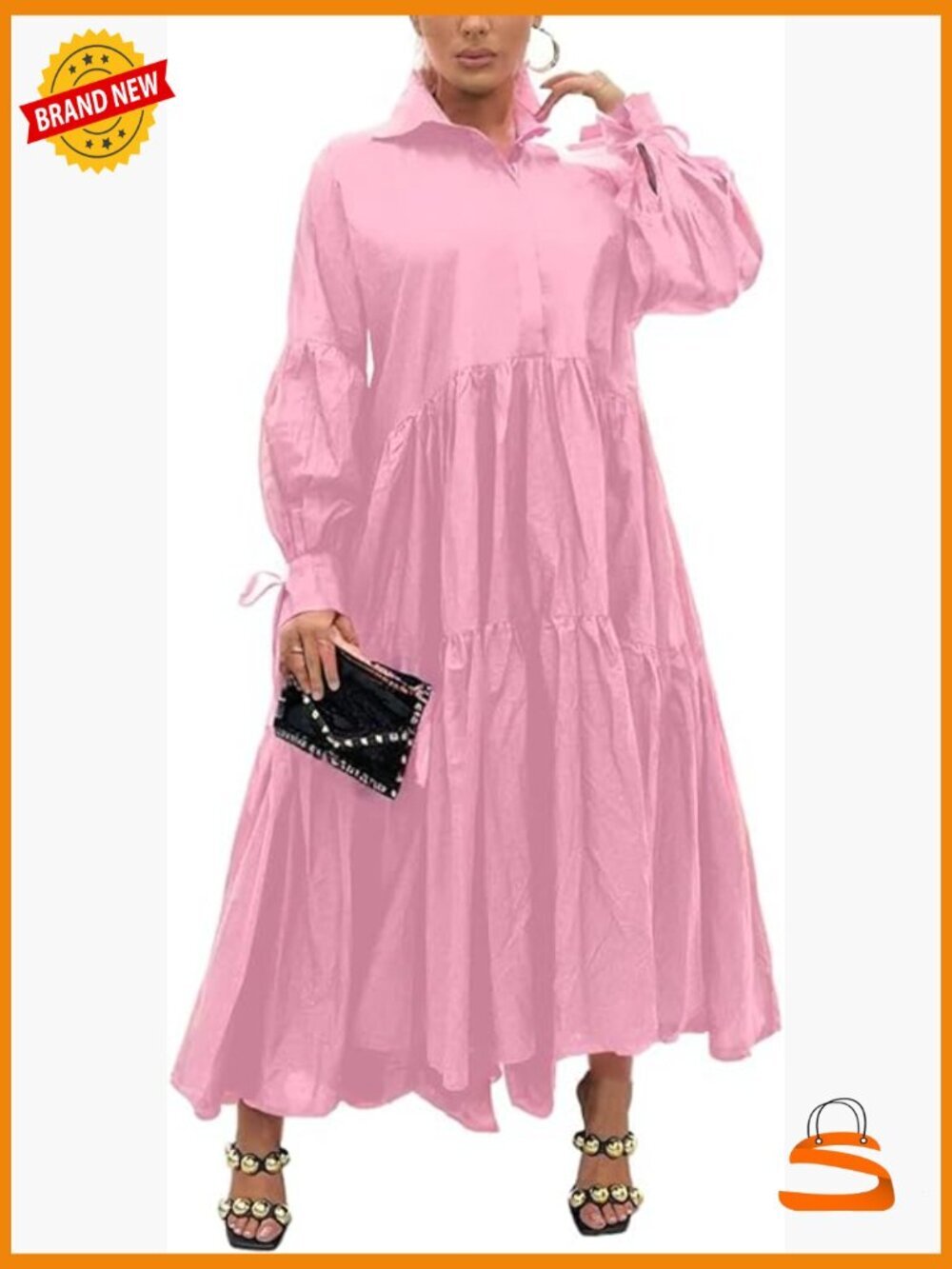 Long Sleeve Maxi Shirt Dress Button Down Swing Pleated Casual Work